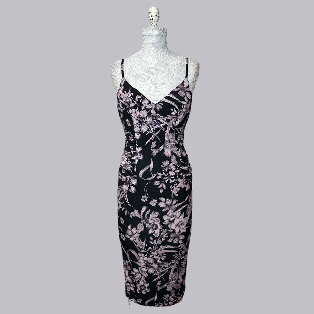 Dress The Population Floral Lined Ruched Midi Dress Black Pink Women XS Stretch